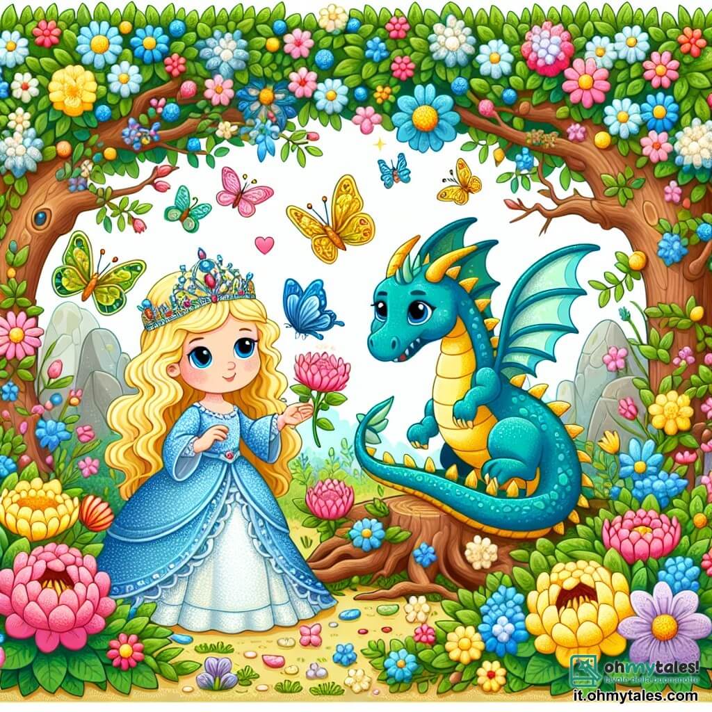 Une illustration sous forme de dessin destinée aux enfants représentant un jardin enchanté rempli de fleurs colorées et d'arbres majestueux, où une princesse aux cheveux dorés et aux yeux bleus, vêtue d'une robe scintillante, s'approche avec douceur d'un petit dragon bleu aux écailles brillantes, piégé dans un buisson épineux, tandis que des papillons multicolores volent autour d'eux, symbolisant l'amitié et le courage qui les unissent dans cette aventure magique.