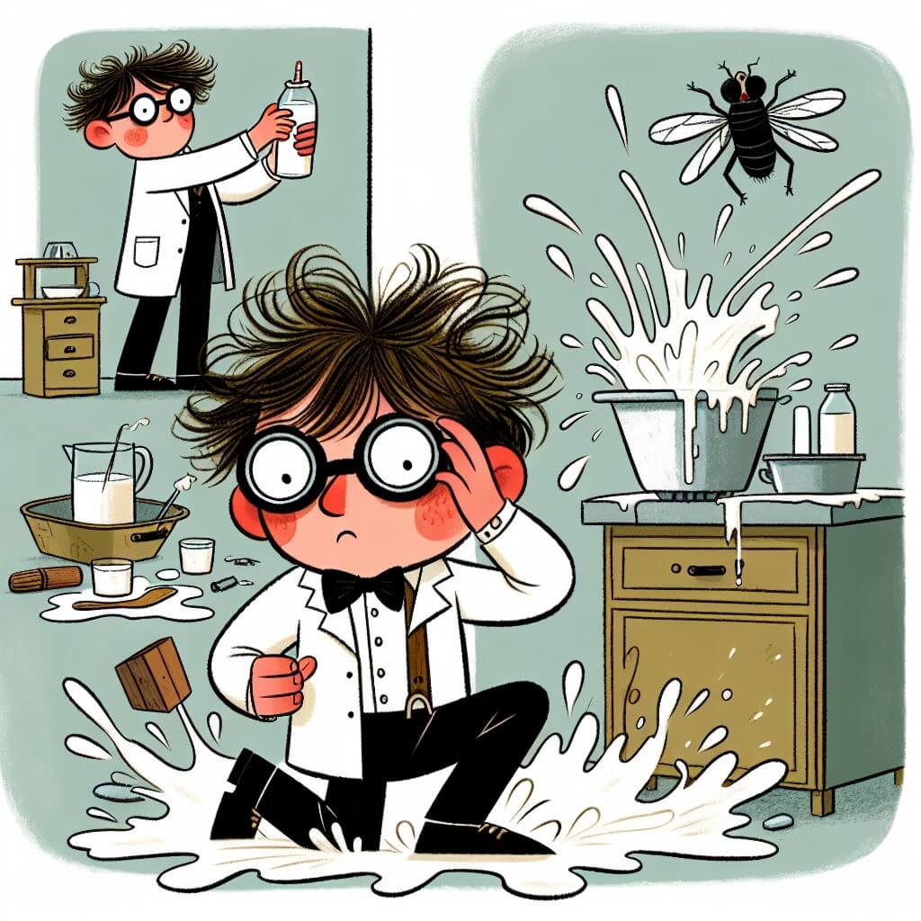 Une illustration destinée aux enfants représentant un inventeur farfelu, avec des cheveux ébouriffés et des lunettes épaisses, qui se retrouve dans une cuisine chaotique remplie de lait qui gicle partout, tandis qu'une mouche tente de s'échapper.