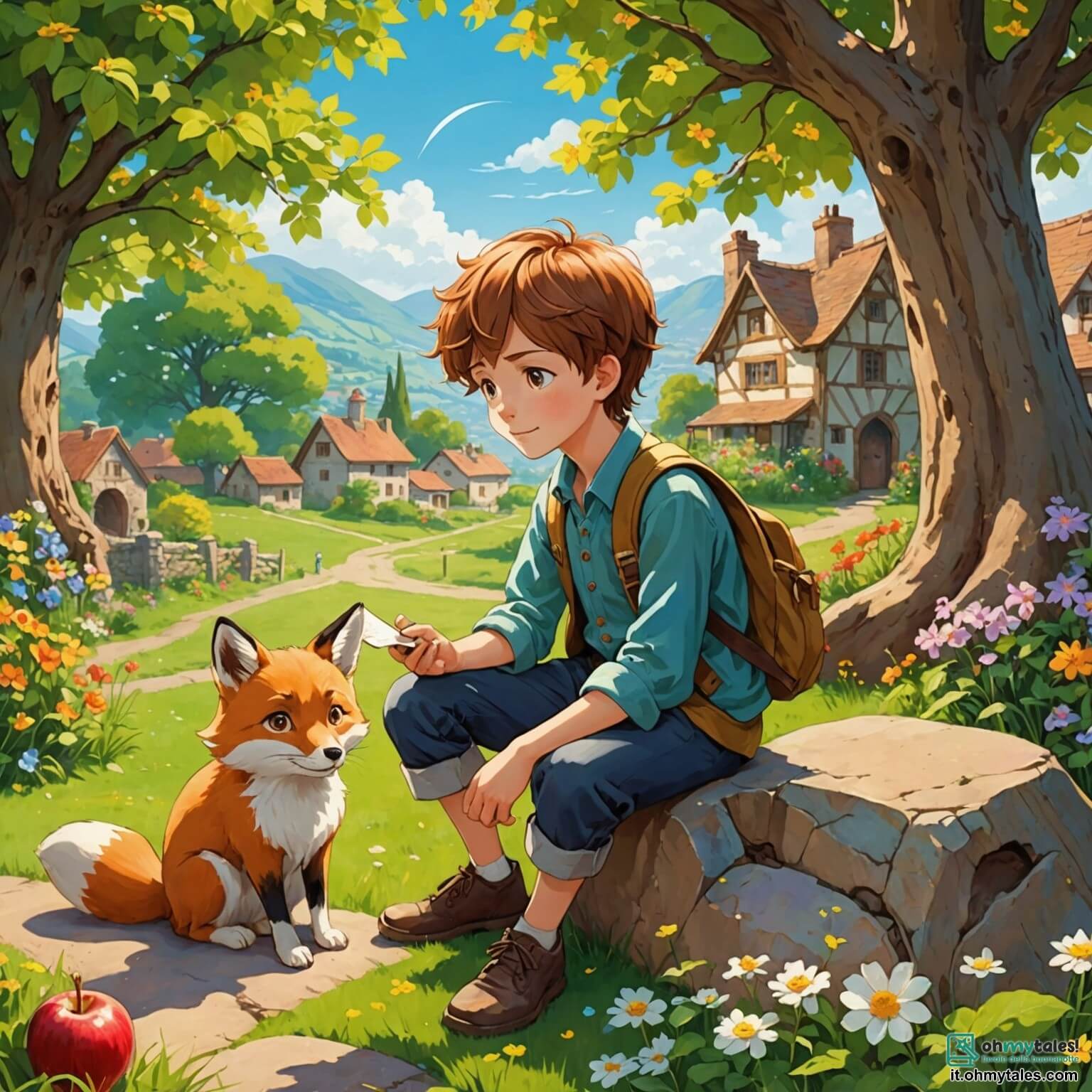 Une illustration destinée aux enfants représentant un garçon aux cheveux châtains, les yeux brillants de curiosité, assis sur une pierre lisse dans un jardin ensoleillé, entouré de fleurs colorées et d'un vieux pommier, tandis qu'il découvre une lettre de son grand-père décédé, avec à ses côtés une petite volpe au pelage doré, qui l'observe avec des yeux pleins de compassion, le tout dans un paisible village où le chant des oiseaux résonne entre les arbres.