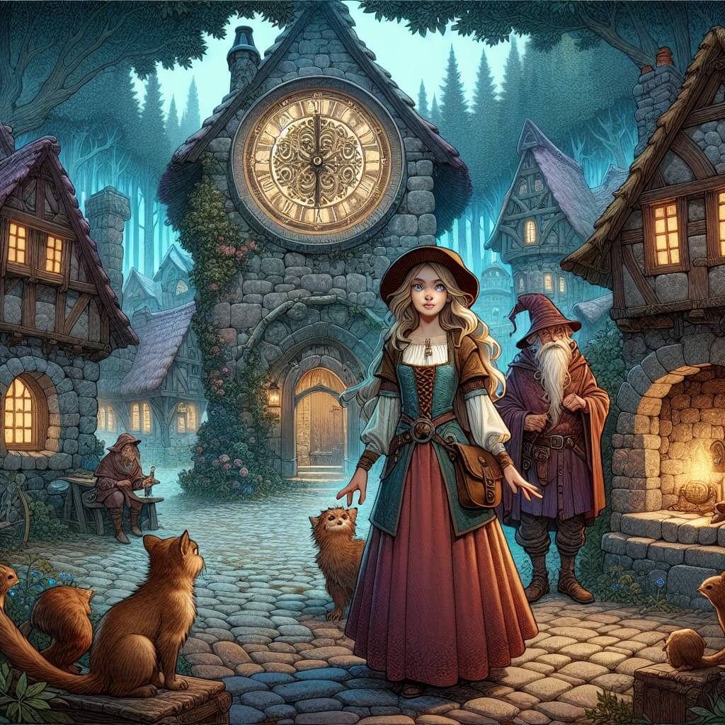 Une illustration destinée aux enfants représentant une jeune femme courageuse, vêtue d'une robe médiévale, se tenant devant un mystérieux orologio magique dans un village enchanté, entourée de créatures fantastiques et d'un vieux magicien barbu, avec des maisons en pierre et des ruelles pavées, donnant sur une forêt dense et mystique.