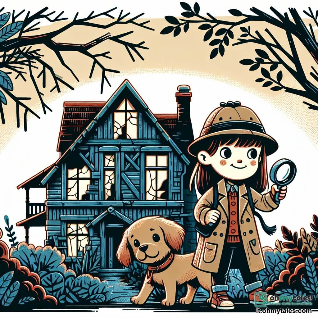 Une illustration destinée aux enfants représentant une jeune détective fille explorant une maison abandonnée avec son chien détective garçon, entourée de rovi et de cespugli, les fenêtres brisées laissant filtrer la lumière sinistre, dans un petit village ensorcelé par les mystères.