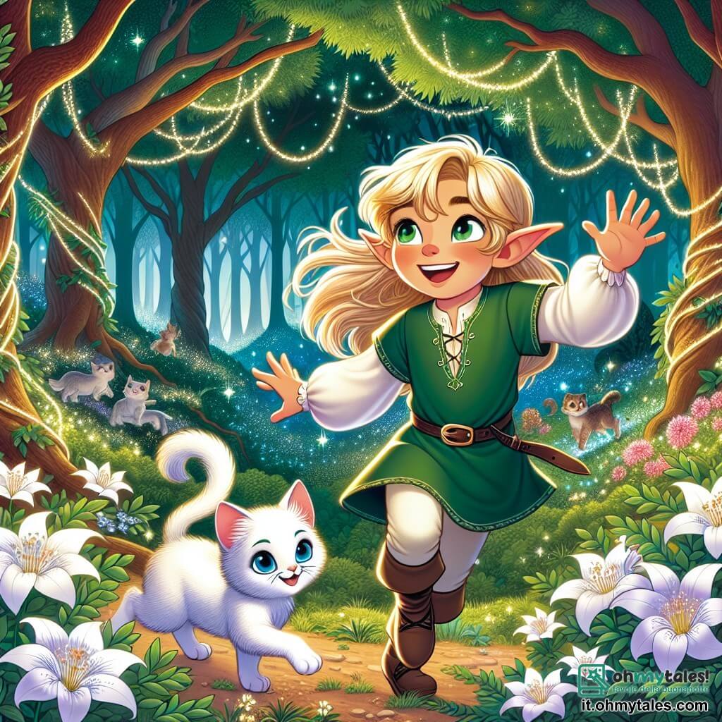 Une illustration sous forme de dessin destinée aux enfants représentant une forêt enchantée aux arbres majestueux et aux feuilles scintillantes, où un jeune elfe aux longs cheveux dorés et aux oreilles pointues, vêtu d'une tunique verte, danse joyeusement au milieu de fleurs lumineuses, tandis qu'un petit gattino blanc aux yeux bleus l'observe avec émerveillement, tous deux unis par la magie de l'amitié alors qu'ils découvrent un monde rempli de créatures fantastiques et de mystères à explorer.