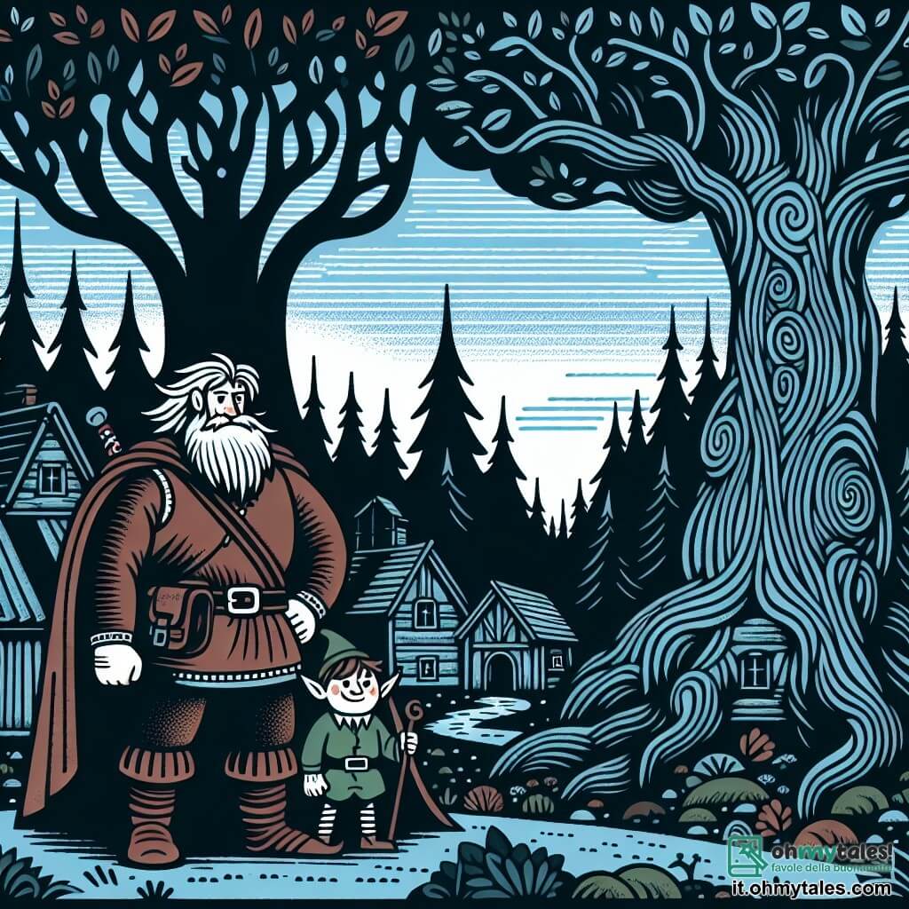 Une illustration destinée aux enfants représentant un homme au cœur vaillant se tenant devant un albero millénaire, accompagné d'un elfe malicieux à l'apparence espiègle, dans un petit village entouré de bois sombres et mystérieux.
