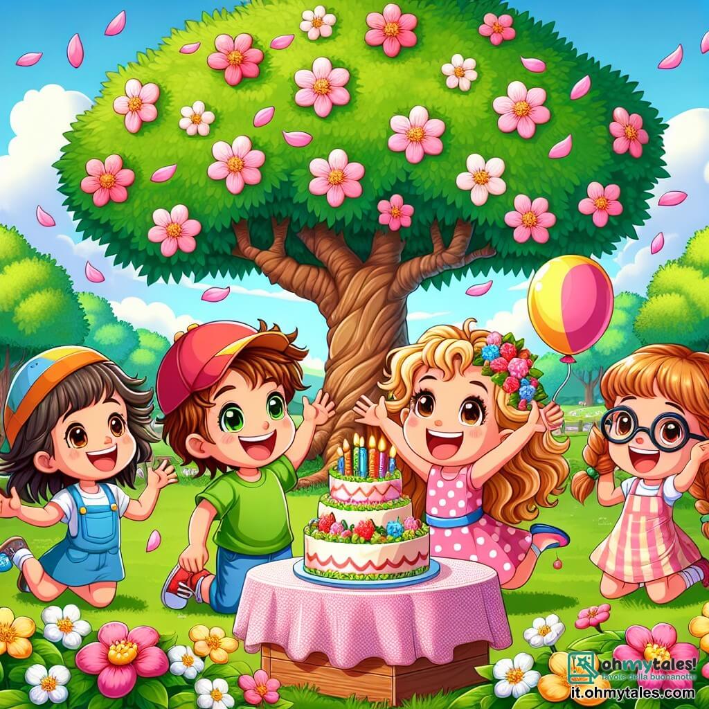 Illustrazione che rappresenta un grande parco verde, pieno di fiori colorati e alberi maestosi. Al centro, un gruppo di cinque bambini felici, due ragazze e tre ragazzi, sono riuniti attorno a un grande albero di ciliegio, i cui rami sono carichi di petali rosa. Un ragazzo di sei anni, con capelli castani e occhi vivaci, indossa una maglietta blu e pantaloni corti gialli. Sorride ampiamente, tenendo in mano una piccola scatola di legno piena di caramelle. Accanto a lui, una ragazza di sei anni con lunghe trecce bionde indossa un vestito rosa a pois bianchi e solleva le braccia in aria, piena di entusiasmo. Un altro ragazzo, sempre di sei anni, ha i capelli ricci e indossa un cappellino rosso; sta saltando di gioia, mentre un'altra ragazza con occhiali e capelli castani guarda con meraviglia. L'ultimo ragazzo, con occhiali da sole e una maglietta verde, tiene un pallone colorato. Tutti i bambini stanno festeggiando un compleanno, circondati da dolci e risate, con una torta decorata di candele scintillanti su una tovaglia a quadri. Petali di fiori cadono dolcemente intorno a loro, aggiungendo un tocco magico a questa scena gioiosa.