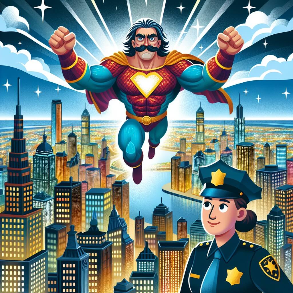 Une illustration destinée aux enfants représentant un homme aux muscles puissants, vêtu d'un costume coloré, volant au-dessus d'une ville étincelante de gratte-ciel, accompagné d'une policière déterminée, dans la ville de Fantastopia.