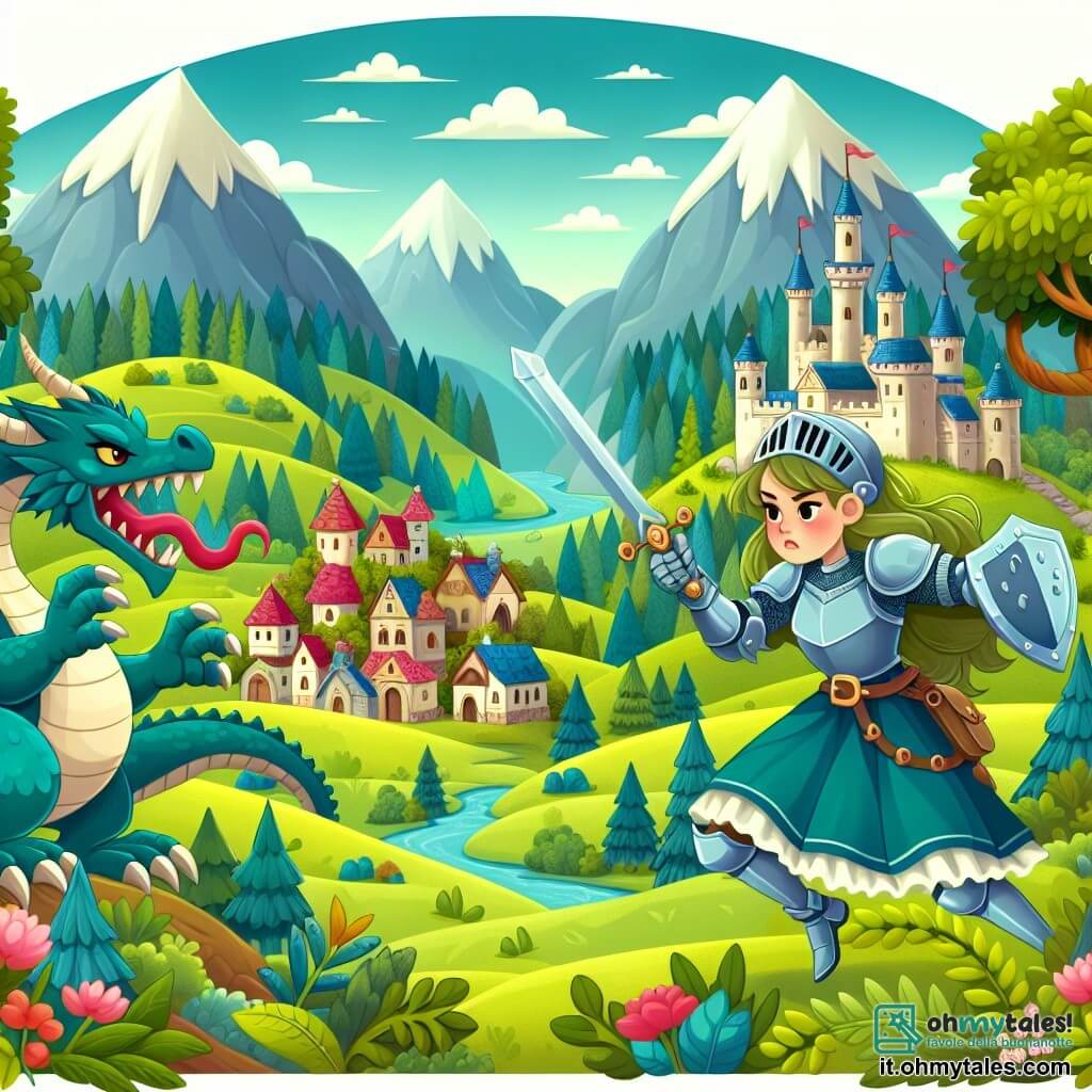 Une illustration destinée aux enfants représentant une chevalière intrépide affrontant un dragon féroce pour sauver un village enchanté situé au pied d'une colline verdoyante, entourée de forets mystérieuses et de montagnes majestueuses.