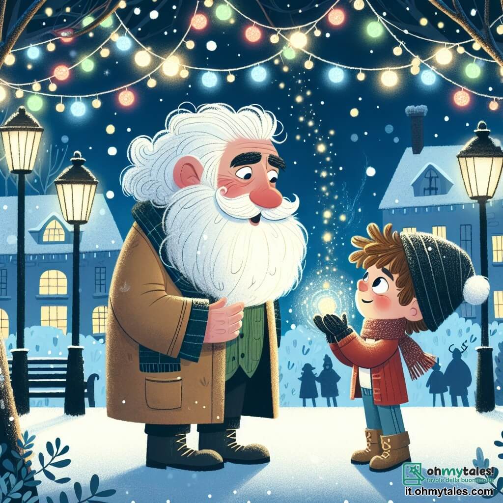 Une illustration destinée aux enfants représentant un garçon aux cheveux bouclés, une rencontre magique avec un vieil homme à la barbe blanche, dans un parc enneigé décoré de lumières scintillantes et de guirlandes colorées.