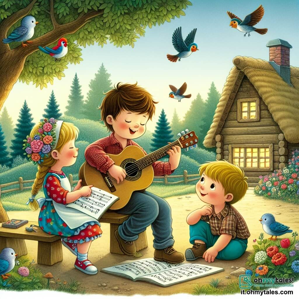 Une illustration destinée aux enfants représentant un chanteur de guitare, un garçon talentueux, enseignant la musique à une fille et un garçon, dans un paisible cottage en lisière de la forêt, où les oiseaux viennent écouter leurs mélodies enchantées chaque soir.