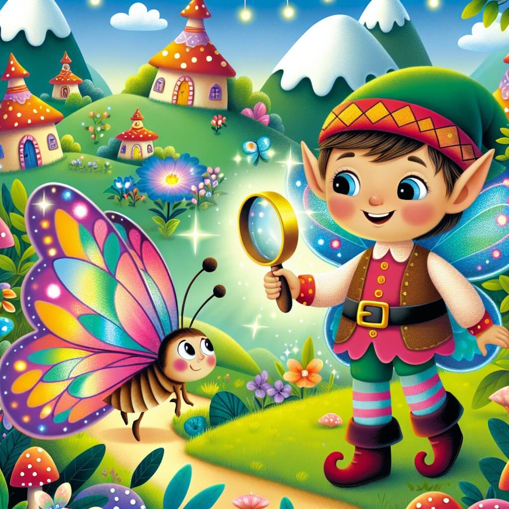 Une illustration destinée aux enfants représentant un joyeux lutin qui découvre un mystère dans un village enchanté, accompagné de son ami, un papillon aux ailes chatoyantes, dans un paysage luxuriant rempli de maisons en champignons colorés et de fleurs lumineuses.