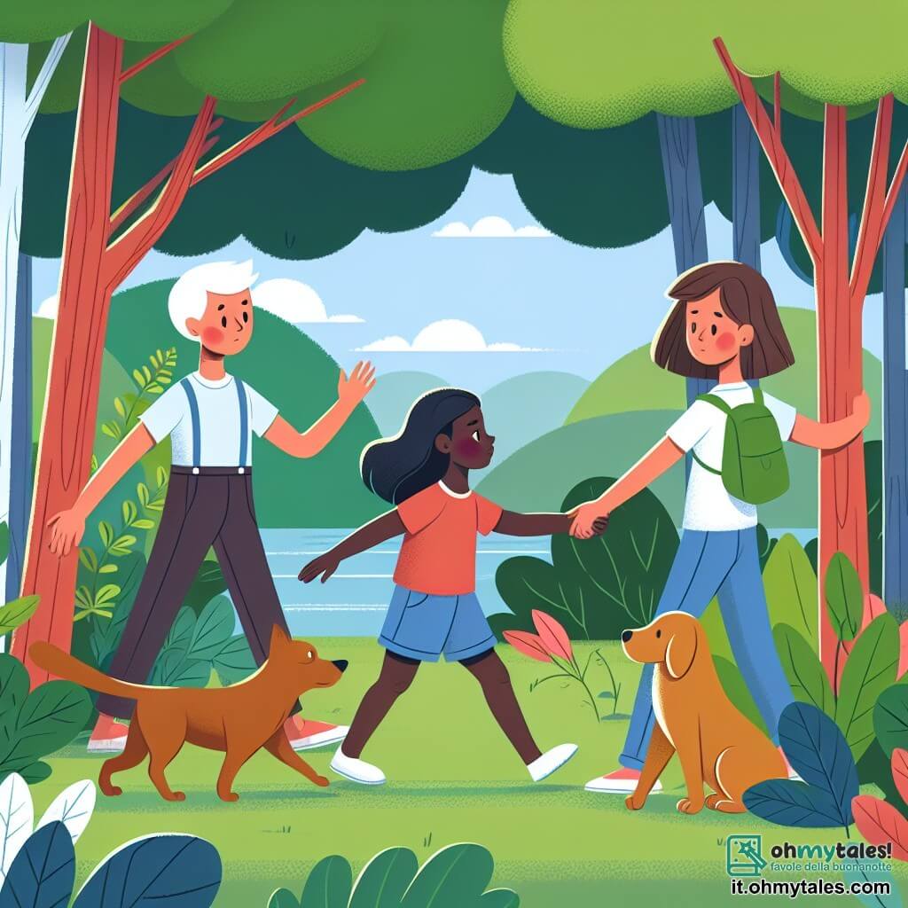Une illustration destinée aux enfants représentant une jeune fille courageuse, confrontée au racisme, aidée par un ami fidèle, dans un parc verdoyant où la diversité fleurit.