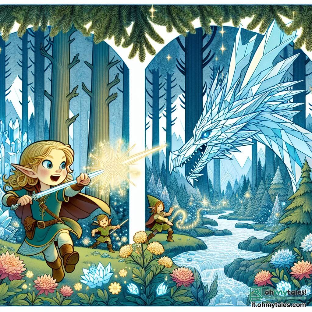 Une illustration destinée aux enfants représentant une jeune elfe courageuse, accompagnée de ses amis elfes, affrontant un dragon de cristal dans une forêt enchantée aux arbres gigantesques, aux fleurs lumineuses et aux ruisseaux scintillants.