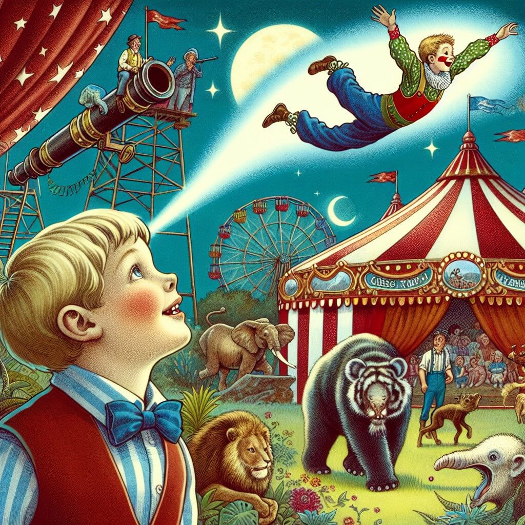 Une illustration destinée aux enfants représentant un jeune garçon émerveillé, assistant à un spectacle de cirque avec un homme canon qui vole à travers le ciel, entouré de tentes colorées et d'animaux exotiques, dans un grand chapiteau rouge et blanc.