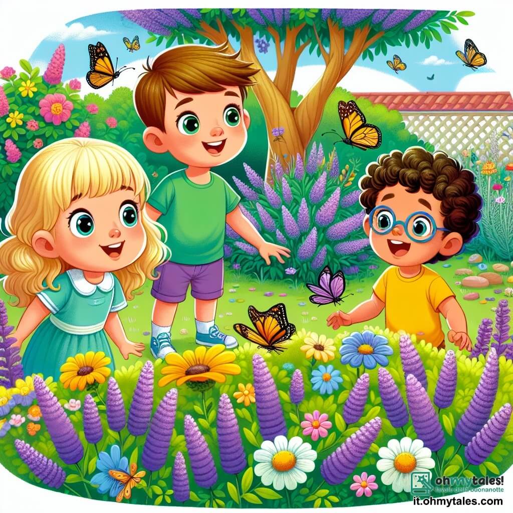 Une illustration sous forme de dessin destinée aux enfants représentant un jardin coloré en été, avec des fleurs vibrantes et un grand buisson de lavande, où un garçon de 11 ans aux cheveux bruns et aux yeux pétillants, vêtu d'un t-shirt vert et de shorts, observe attentivement des farfalle qui volent autour des fleurs, tandis que deux de ses amis, une fille aux cheveux blonds et bouclés portant une robe jaune, et un garçon aux cheveux noirs en t-shirt bleu, discutent avec enthousiasme des moyens de protéger l'environnement et d'attirer plus d'insectes, illustrant ainsi leur engagement à lutter contre le changement climatique.