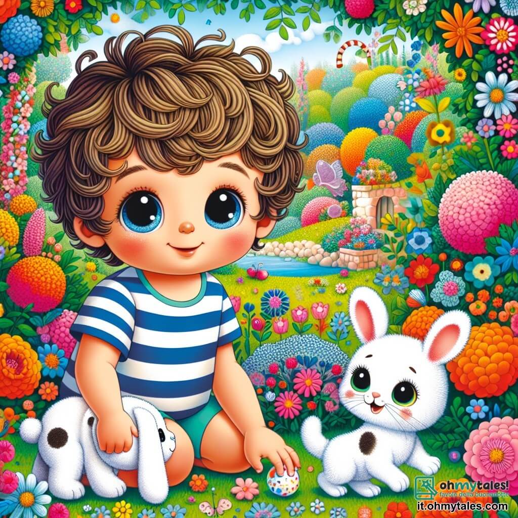 Une illustration sous forme de dessin destinée aux enfants représentant un jardin coloré rempli de fleurs éclatantes et d'arbres verdoyants, avec un petit garçon de 3 ans aux cheveux bouclés et aux yeux pétillants, portant un t-shirt rayé et tenant un grand lapin en peluche blanc nommé Bobo, tandis qu'un petit gattin aux poils blancs et aux taches noires s'approche d'eux avec curiosité, illustrant le moment où le garçon cherche son ami disparu dans une ambiance joyeuse et pleine de mystère.