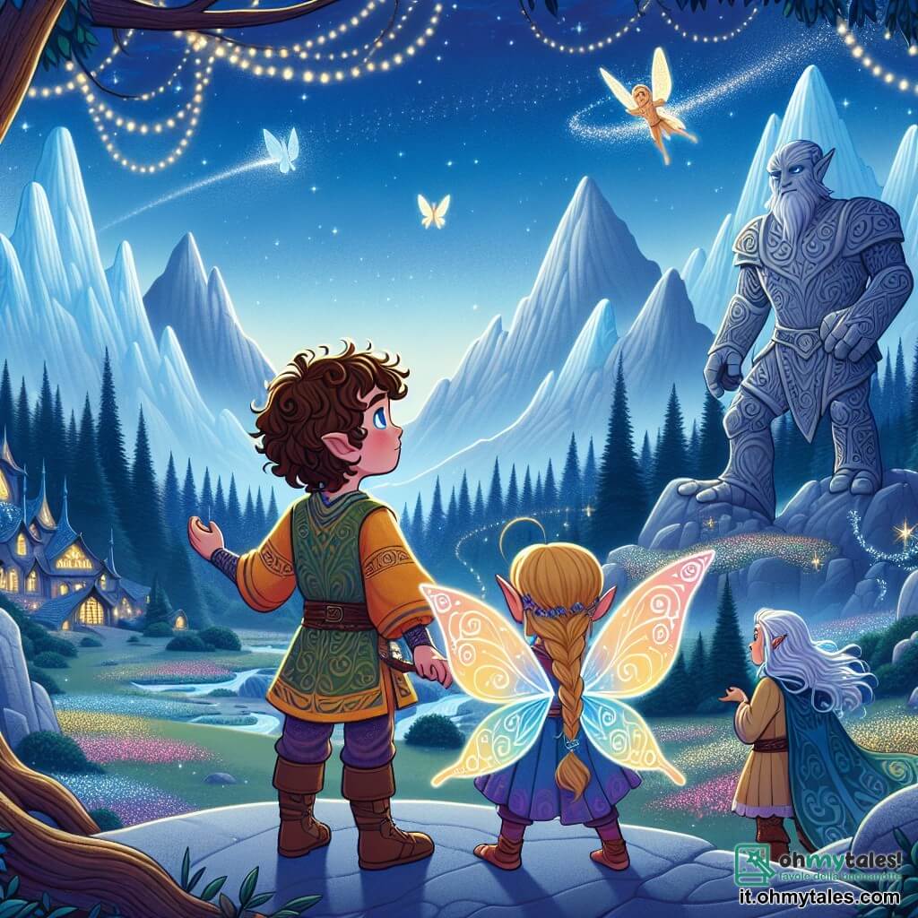 Une illustration sous forme de dessin destinée aux enfants représentant un vaste paysage féerique d'Eldoria, avec des forêts scintillantes et des montagnes de cristal en arrière-plan, où une fille de 9 ans aux cheveux bouclés et aux yeux bleus, vêtue d'une tunique colorée, se tient avec détermination, entourée de sa meilleure amie, une petite fée aux ailes iridescentes qui vole à ses côtés, tandis qu'un jeune elfe aux cheveux argentés et un golem de pierre imposant les observent avec admiration, alors qu'ils unissent leurs forces pour défendre leur royaume contre une menace technologique imminente.