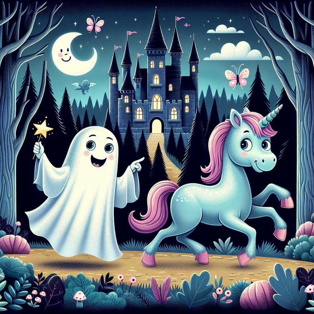 Une illustration destinée aux enfants représentant un fantôme espiègle et joueur, qui fait équipe avec une licorne étincelante pour explorer un château enchanté au milieu d'un bois sombre et mystérieux, peuplé de fées et de lutins.