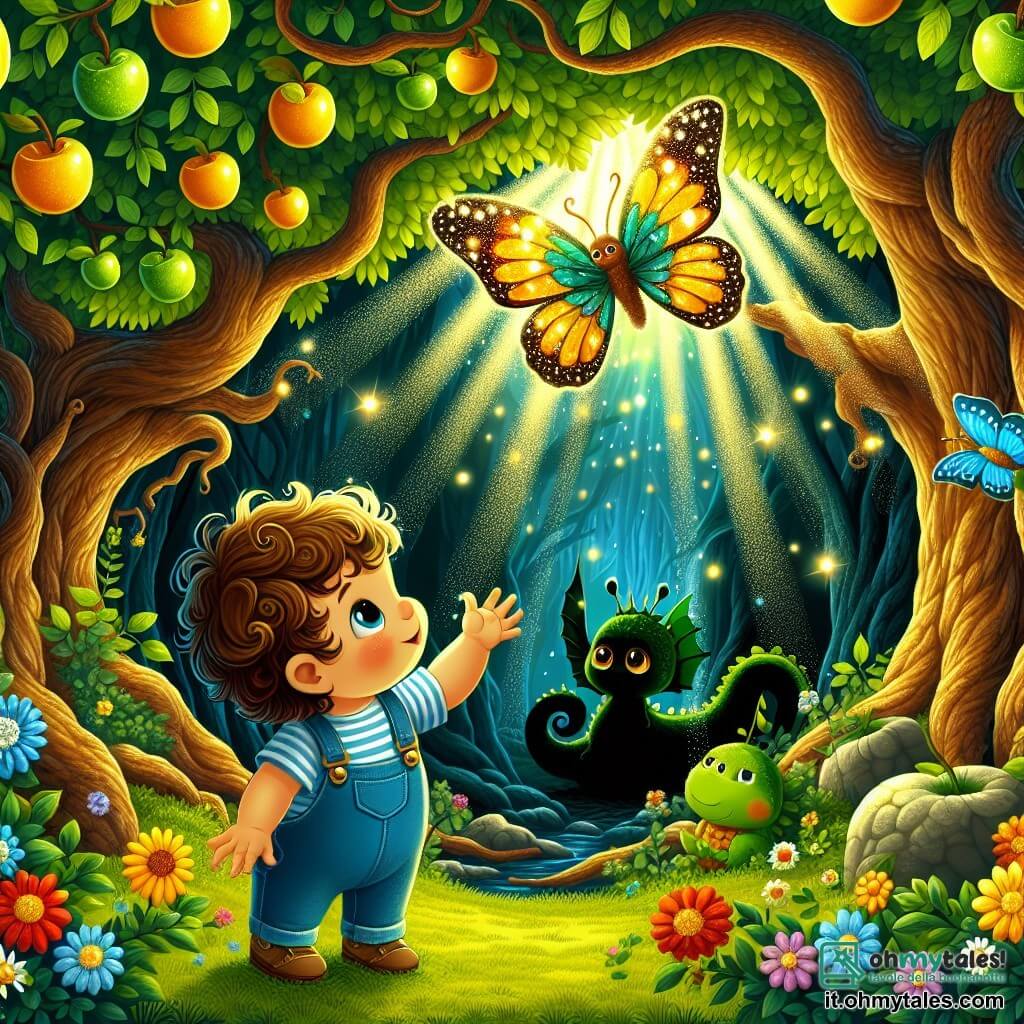 Illustrazione che rappresenta un magnifico Bosco Incantato, pieno di alberi maestosi con tronchi spessi e foglie di un verde brillante. Frutti d'oro brillano al sole, sospesi ai rami, mentre fiori colorati punteggiano il terreno. Al centro, un bambino di 1 anno, con capelli ricci e occhi scintillanti, è seduto sull'erba morbida, sorridendo con meraviglia. Indossa una salopette blu e una maglietta a righe. Accanto a lui, una farfalla magica, con ali scintillanti di mille colori, vola intorno a lui, illuminando la scena con la sua bellezza. Sullo sfondo, si delinea una caverna buia, dove si intravede la silhouette di un drago, triste e imprigionato, con scaglie verdi e occhi brillanti. Il bambino tende la mano verso la farfalla, pronto a vivere una grande avventura, mentre il drago li osserva con speranza. Raggi di luce filtrano attraverso le foglie, creando un'atmosfera incantata e piena di promesse.