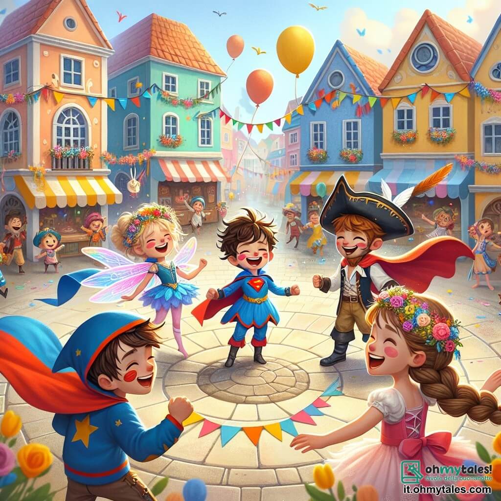 Illustrazione che rappresenta una scena vibrante di un carnevale in una piccola città colorata. La piazza centrale è animata, circondata da case con facciate pastello, decorate con ghirlande di fiori e palloncini che fluttuano nell'aria. Al centro, un gruppo di quattro bambini si tiene in cerchio, tutti sorridenti e pieni di gioia. C'è un ragazzo di nove anni, con i capelli castani arruffati, che indossa un costume da supereroe blu e rosso, con un mantello che fluttua dietro di lui. Accanto a lui, una ragazza di nove anni, con lunghi capelli biondi intrecciati, è vestita da fatina, con ali di tulle rosa e una corona di fiori. Un altro ragazzo, anch'esso di nove anni, indossa un costume da pirata con un cappello nero e una bandana rossa, brandendo una spada di plastica con un grande sorriso. Infine, una ragazza di nove anni, con i capelli ricci castani, indossa un costume da coniglietta, con grandi orecchie e un vestito bianco, ridendo gioiosamente. La scena principale mostra i bambini che ballano e cantano, circondati da coriandoli colorati che cadono dal cielo. Risate e voci riempiono l'aria, mentre un gruppo di altri bambini li osserva con ammirazione. Sullo sfondo, bancarelle di cibo con dolci tipici del carnevale, come crepes e caramelle, aggiungono all'atmosfera festosa. Palloncini fluttuano e decorazioni colorate abbelliscono la scena, creando un'atmosfera gioiosa e magica.