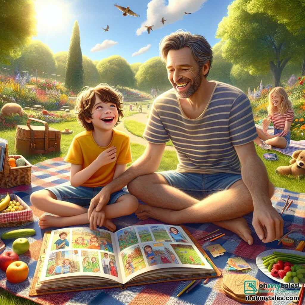 Illustrazione che rappresenta un parco soleggiato, pieno di verde lussureggiante e fiori colorati. Al centro, una grande coperta a quadri è stesa sull'erba morbida, circondata da alcuni alberi maestosi e da un cielo blu punteggiato di nuvole bianche e soffici. Un ragazzo di dieci anni, con capelli castani e occhi azzurri, è seduto sulla coperta. Indossa una maglietta gialla vivace e un pantaloncino di jeans, e sorride felicemente mentre tiene un libro fatto a mano pieno di disegni e ricordi. Accanto a lui, un uomo di quarant'anni, con capelli castani leggermente brizzolati e una barba ben curata, è seduto a gambe incrociate. Indossa una camicia a righe e occhiali da sole, e ride sfogliando il libro, visibilmente commosso dai ricordi. La scena cattura un momento di felicità condivisa tra padre e figlio, circondati da prelibatezze da picnic come frutta e panini. Sullo sfondo, una bambina di cinque anni, con capelli biondi ricci, disegna su un quaderno con pastelli, aggiungendo un tocco di creatività all'atmosfera gioiosa. Gli uccelli cantano sugli alberi, e il sole splende, creando un'atmosfera calda e festosa per celebrare la festa del papà.