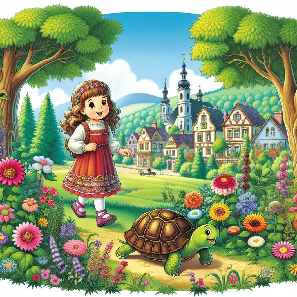 Une illustration destinée aux enfants représentant une petite fille curieuse et pleine d'énergie, accompagnée d'une adorable tortue, explorant un magnifique jardin rempli de fleurs colorées et d'arbres majestueux, dans une petite ville entourée de prairies verdoyantes.