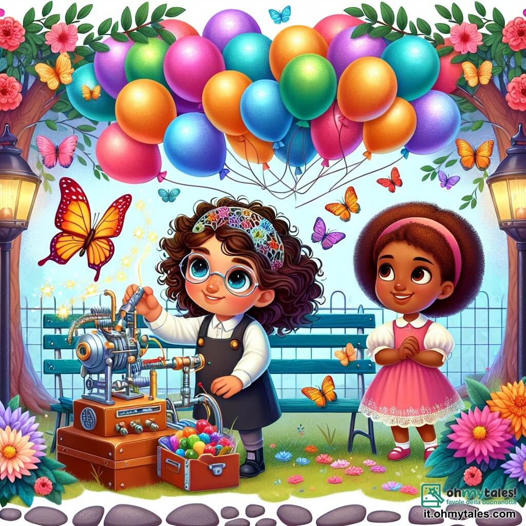 Une illustration destinée aux enfants représentant une inventrice talentueuse, une petite fille aux cheveux bouclés, créant une machine magique pour retenir des ballons colorés, avec comme personnage secondaire une fillette aux yeux pétillants, dans un parc enchanteur rempli d'arbres fleuris, de bancs colorés et de joyeux papillons virevoltant dans l'air.