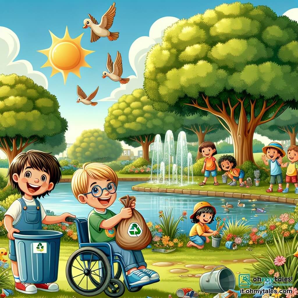 Illustrazione che rappresenta un parco verdeggiante e soleggiato, con alberi maestosi dalle foglie scintillanti di verde e un lago che brilla sotto il sole. In primo piano, un ragazzo di otto anni, con capelli castani e occhi vivaci, sorride felicemente mentre tiene un sacco per la raccolta dei rifiuti. Accanto a lui, un ragazzo della sua età, in sedia a rotelle blu, con capelli biondi e occhiali, mostra un vecchio giocattolo trovato, il viso illuminato da un grande sorriso. Sullo sfondo, altri bambini, tra cui una ragazza con lunghi capelli ricci, vestita con una maglietta colorata, piantano fiori intorno al lago, mentre un altro ragazzo, con un cappello da sole, brandisce un cartello colorato sull'importanza di proteggere l'ambiente. L'atmosfera è gioiosa e dinamica, con uccelli che volano nel cielo e anatre che nuotano tranquillamente nel lago, simboleggiando l'armonia tra i bambini e la natura.