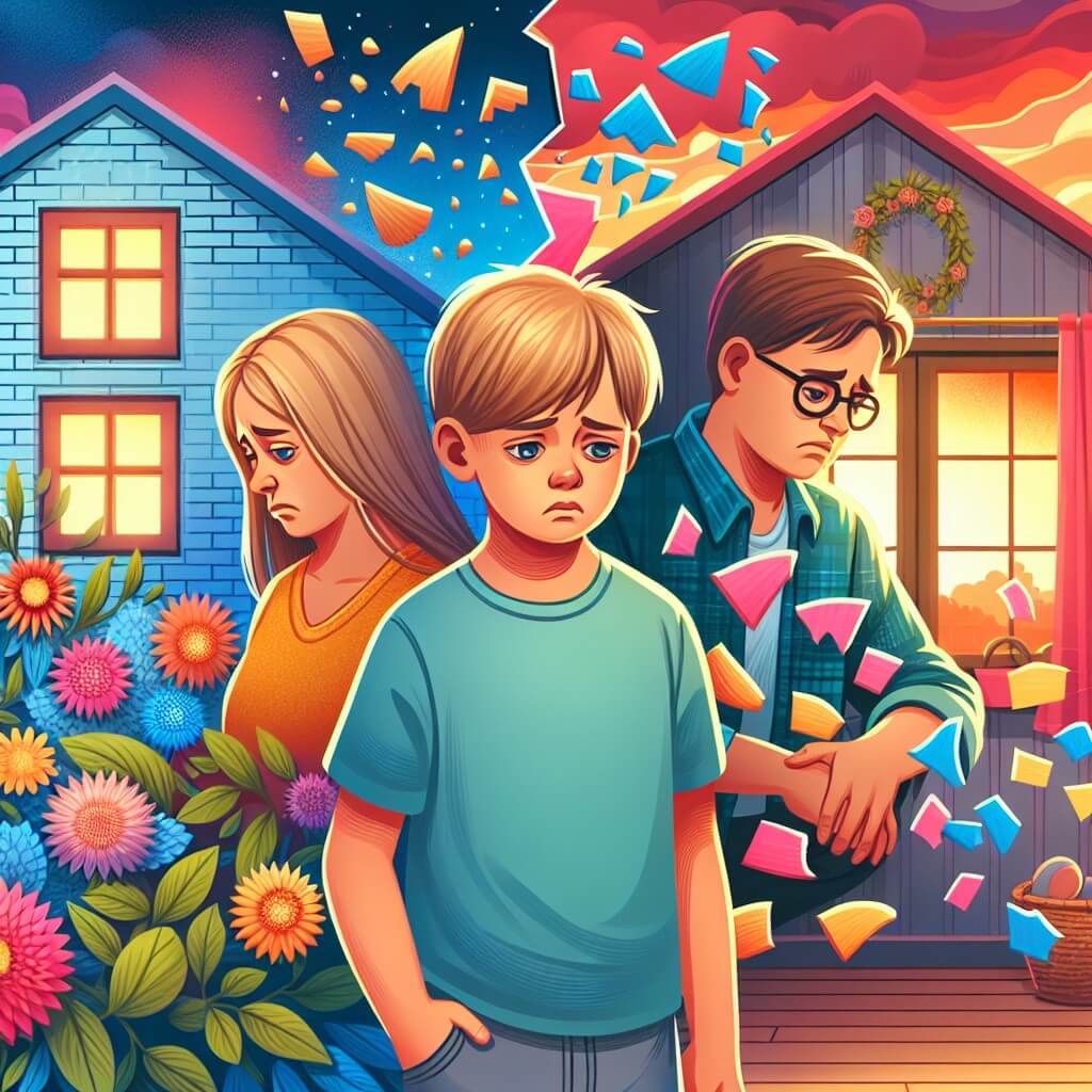 Une illustration destinée aux enfants représentant un jeune garçon, entouré de ses parents tristes, découvrant un monde en ébullition, où les morceaux de leur famille se séparent tels des pétales de fleurs, dans une maison chaleureuse aux murs colorés et aux fenêtres lumineuses.