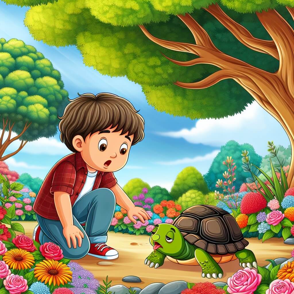 Une illustration destinée aux enfants représentant un jeune garçon vif et curieux, se retrouvant face à une petite tortue épuisée, dans un magnifique jardin fleuri aux couleurs éclatantes, entouré d'arbres majestueux offrant leur ombre bienveillante.