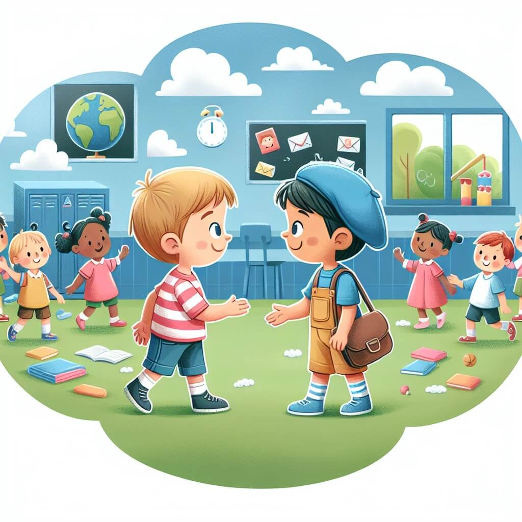Une illustration destinée aux enfants représentant un jeune garçon curieux et ouvert d'esprit, faisant la rencontre d'un nouvel élève venu d'un pays lointain, dans une école colorée et animée où les enfants jouent et apprennent ensemble.