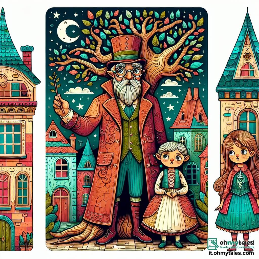 Une illustration destinée aux enfants représentant un inventeur farfelu, un arbre géant vivant, une petite fille curieuse et un village enchanteur aux maisons colorées et aux toits en forme de chapeaux pointus, où se déroule une aventure magique et pleine de rebondissements.
