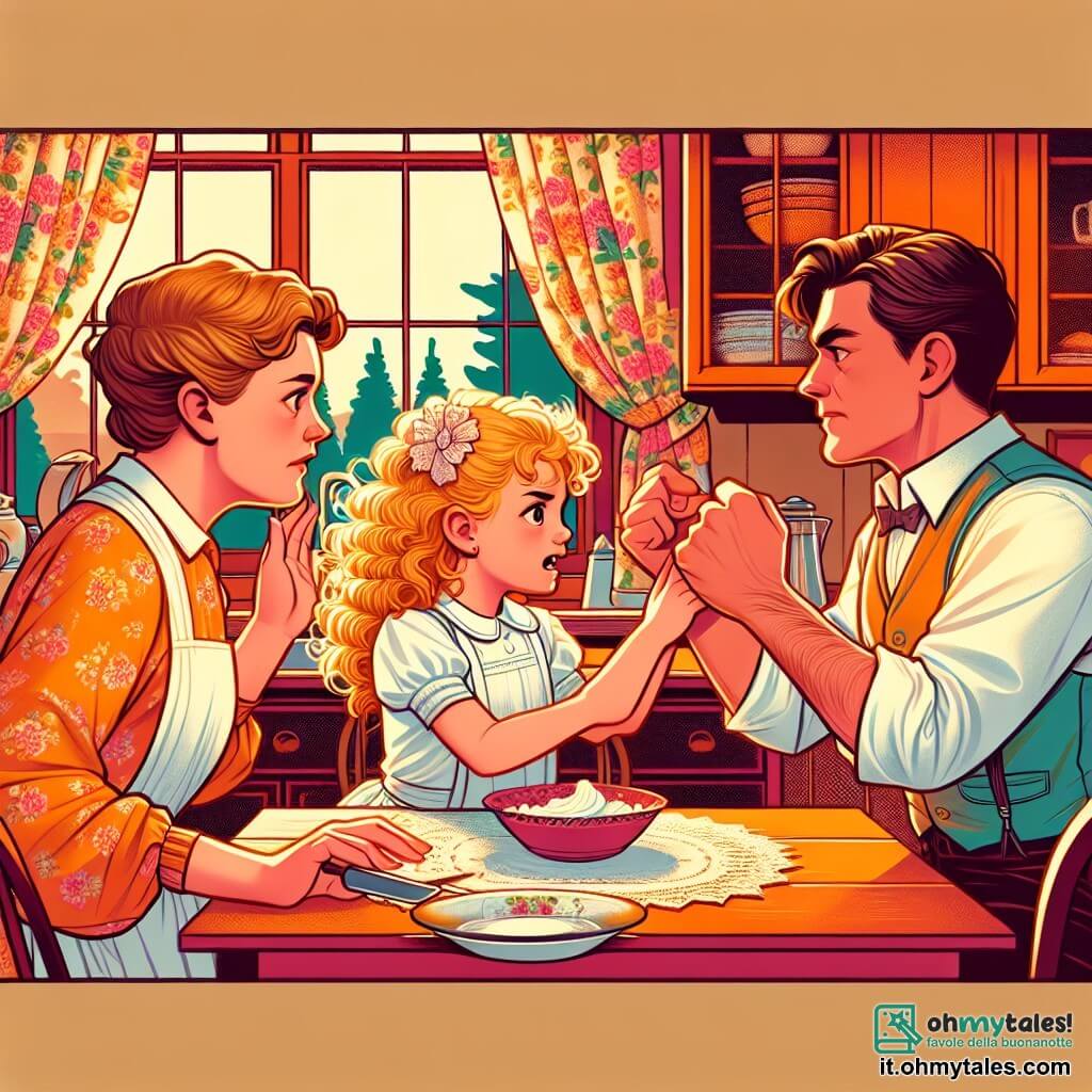 Une illustration destinée aux enfants représentant une petite fille aux boucles dorées tentant de réconcilier ses parents qui se disputent, avec en toile de fond une chaleureuse cuisine aux murs peints de couleurs vives et des rideaux fleuris.