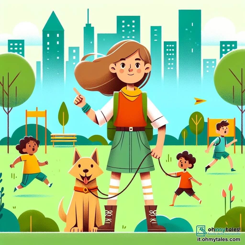 Une illustration destinée aux enfants représentant une jeune fille intrépide et courageuse, accompagnée d'un adorable chien, qui explore une ville colorée et animée où les garçons et les filles jouent ensemble dans un parc verdoyant.