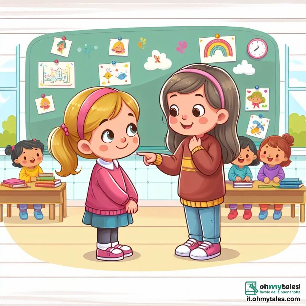 Une illustration destinée aux enfants représentant une fillette timide et curieuse, une situation d'inclusion et d'amitié naissante avec une autre fillette joyeuse, dans une salle de classe lumineuse remplie de livres et de dessins colorés.