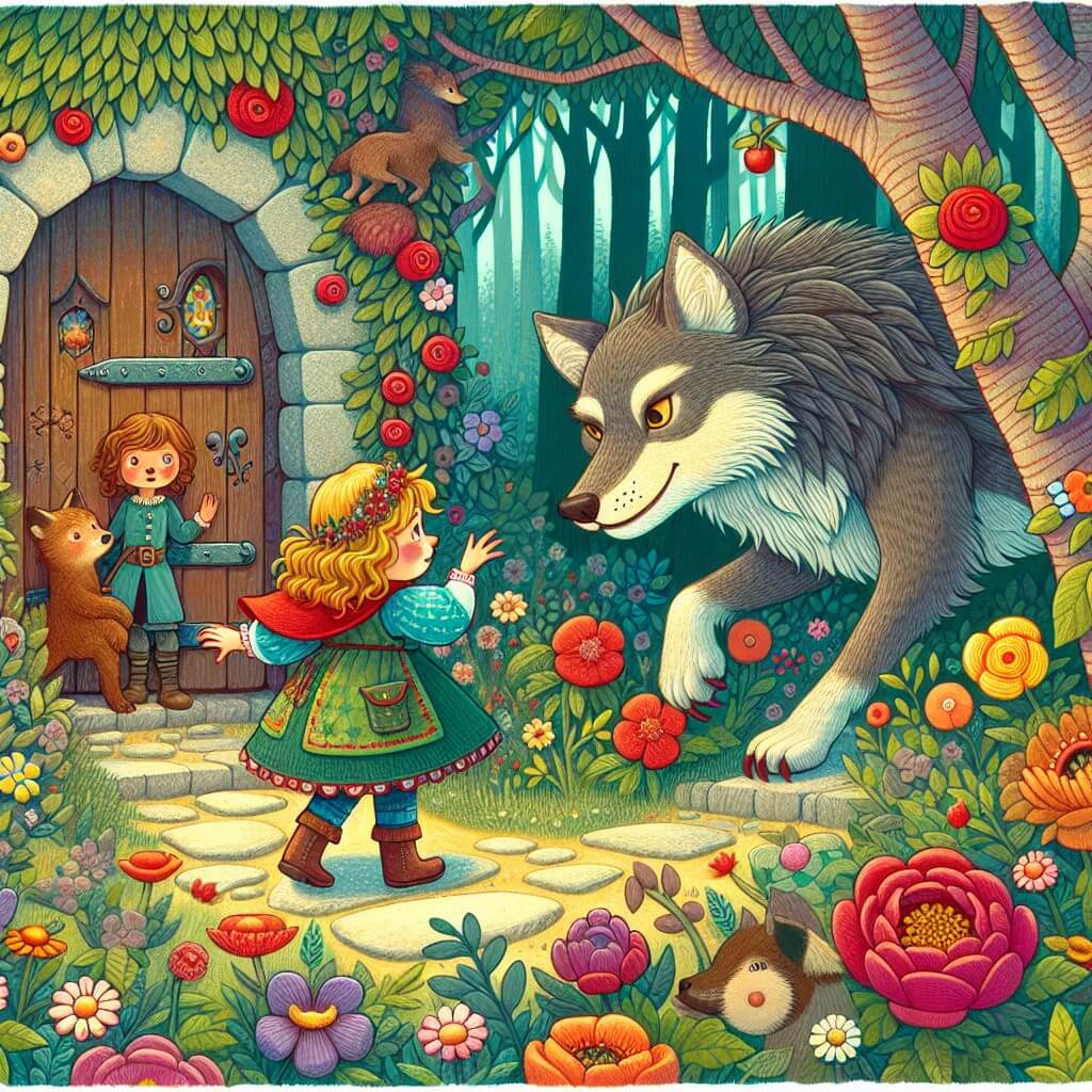 Une illustration destinée aux enfants représentant une petite fille courageuse découvrant une porte secrète dans un bosquet enchanté, où elle rencontre un grand loup effrayant mais au cœur tendre, dans un monde coloré rempli de fleurs et d'animaux parlants.