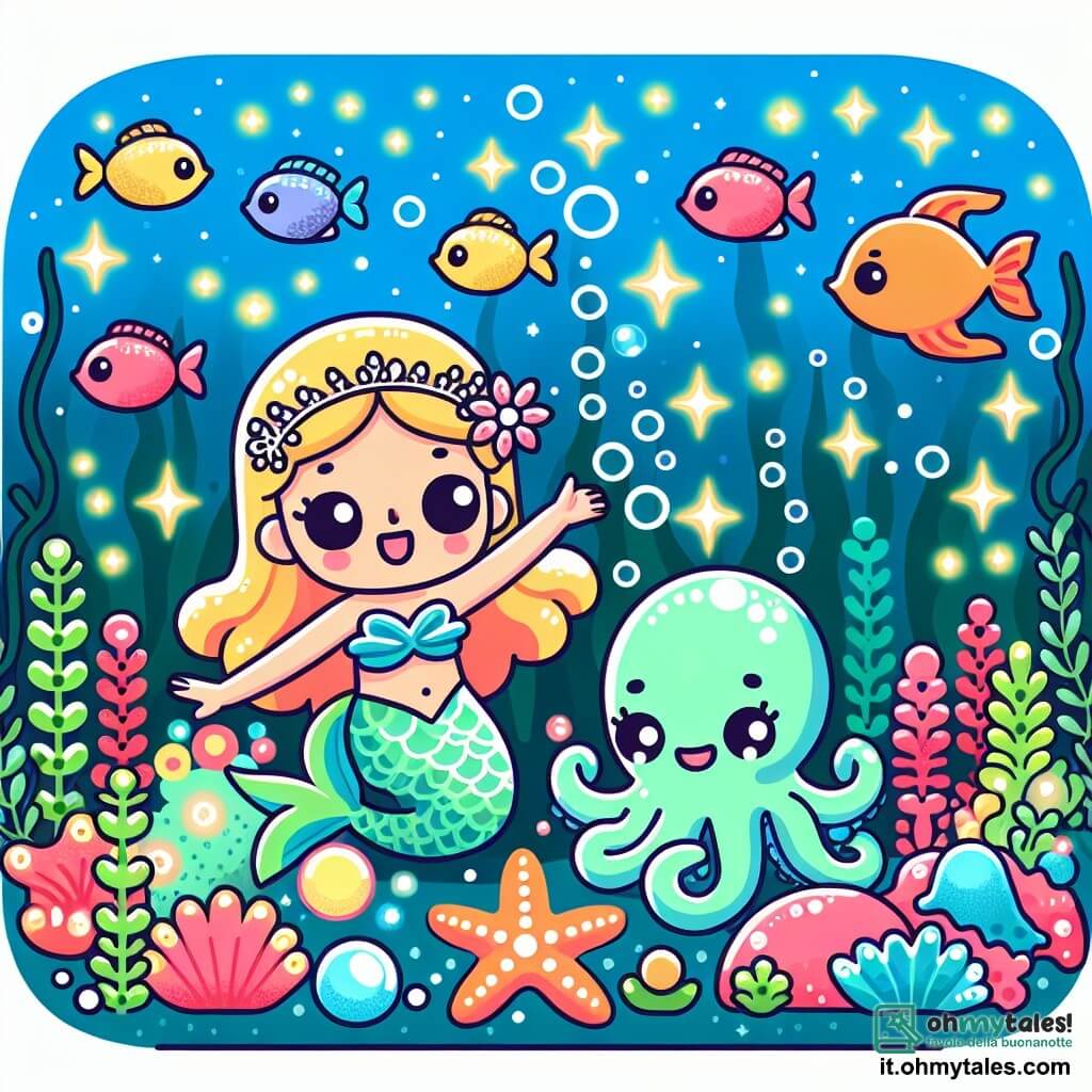 Une illustration destinée aux enfants représentant une sirène étincelante se faisant des amis avec un poulpe farceur dans un jardin sous-marin rempli de fleurs lumineuses et de poissons aux couleurs vives.