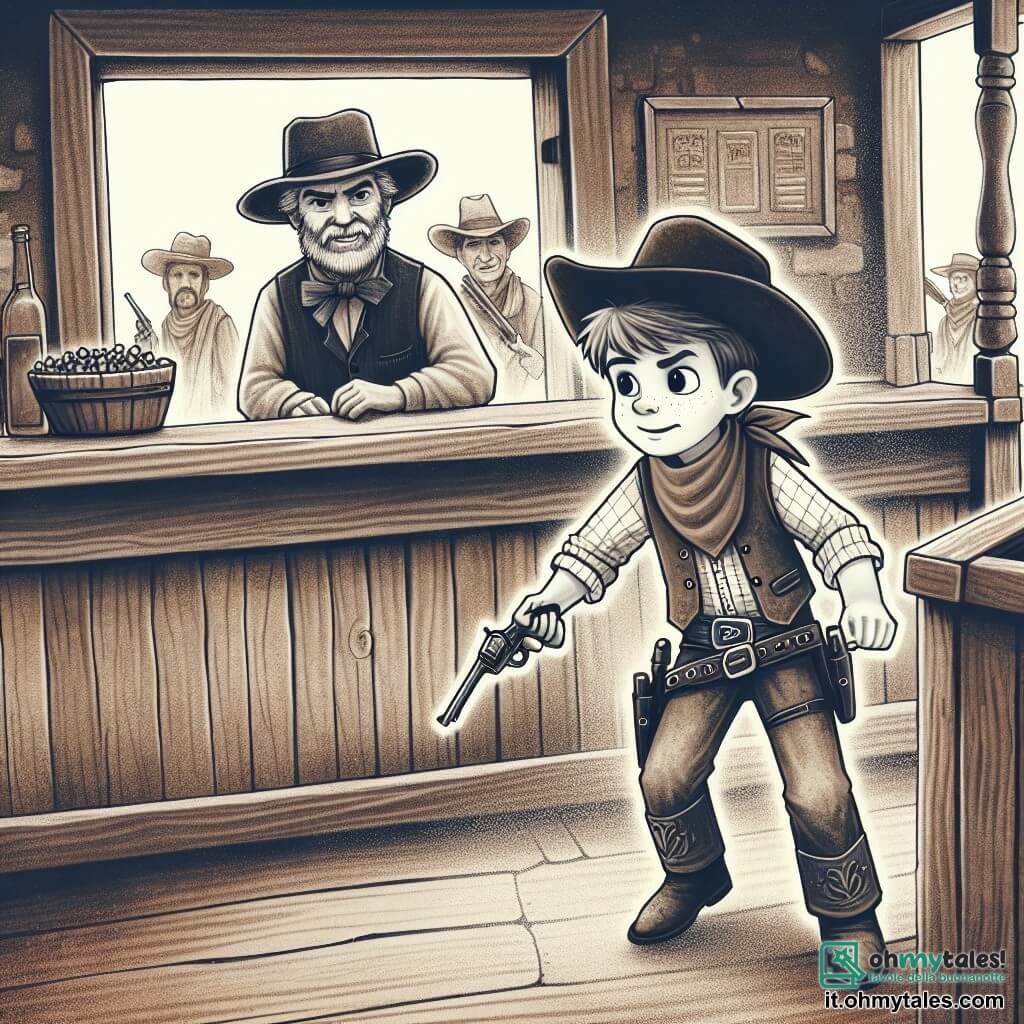 Une illustration destinée aux enfants représentant un jeune cow-boy courageux, affrontant des bandits dans un saloon poussiéreux du Far West, avec un barman bienveillant observant la scène depuis derrière un comptoir en bois usé.