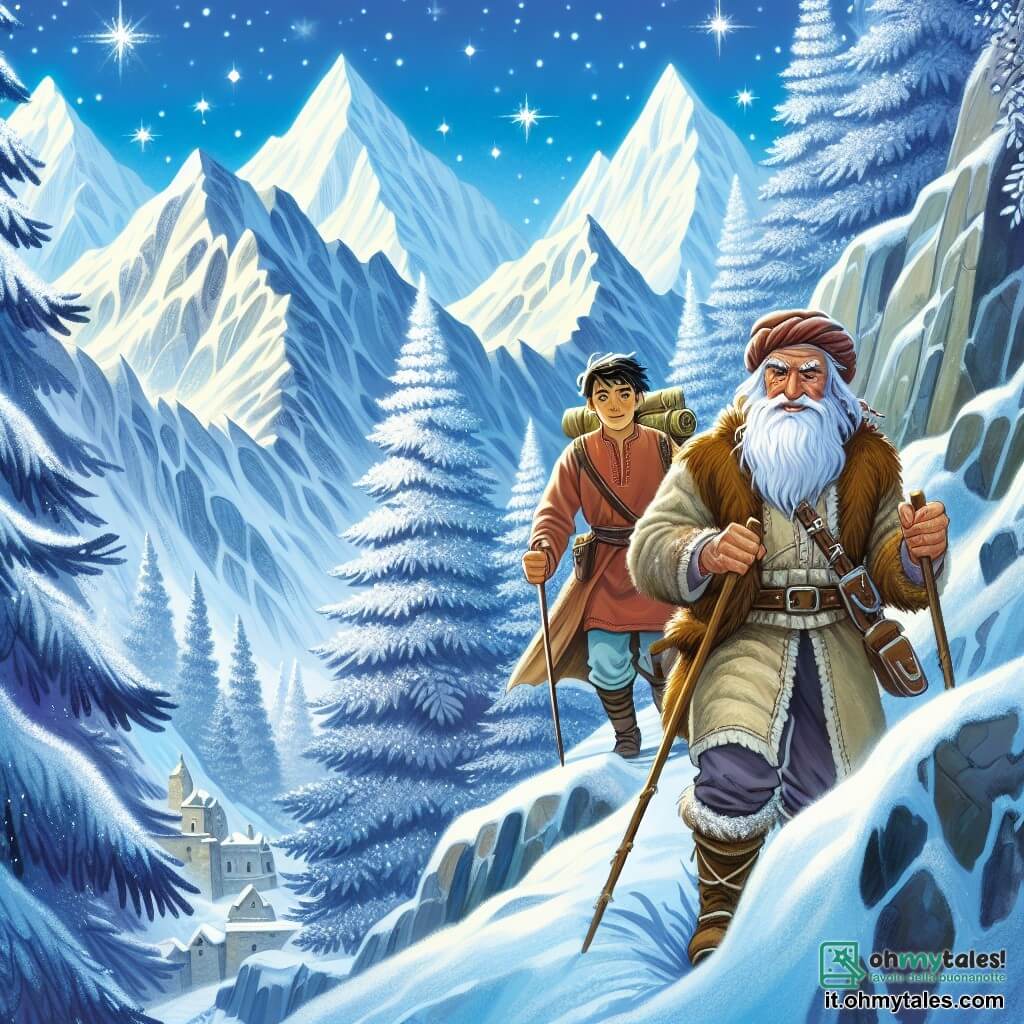 Une illustration destinée aux enfants représentant un homme courageux et intrépide, accompagné d'un guide de montagne sage et barbu, explorant les sentiers étroits et escarpés d'une montagne enneigée, avec des sommets majestueux et des arbres couverts de neige étincelante, dans leur quête pour trouver une mystérieuse plante rare.