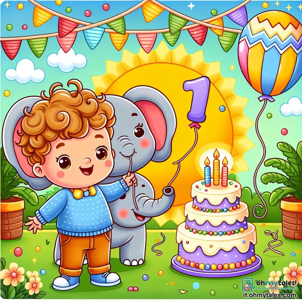 Une illustration sous forme de dessin destinée aux enfants représentant une fête d'anniversaire joyeuse dans un zoo ensoleillé, avec un petit garçon de 1 an aux cheveux bouclés et aux yeux pétillants, souriant tout en tenant un ballon coloré, entouré d'un éléphant mignon avec de grandes oreilles et une trompe amusante, qui s'amuse à faire voler un autre ballon, le tout décoré de guirlandes colorées et d'une grande gâteau d'anniversaire, créant une atmosphère festive et magique.