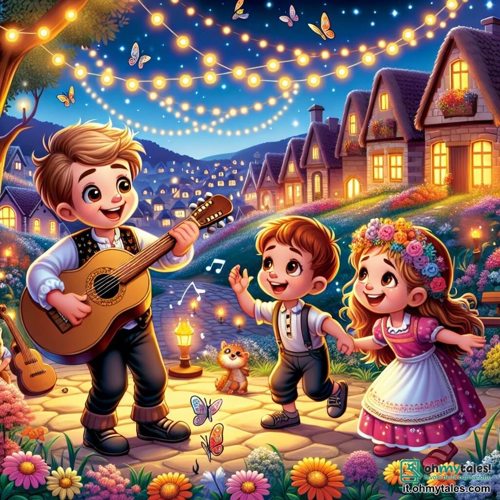 Une illustration destinée aux enfants représentant un musicien jovial et talentueux, accompagné de deux enfants curieux et passionnés par la musique, dans le pittoresque village de Melodia, décoré de fleurs colorées et illuminé par des lucioles scintillantes.