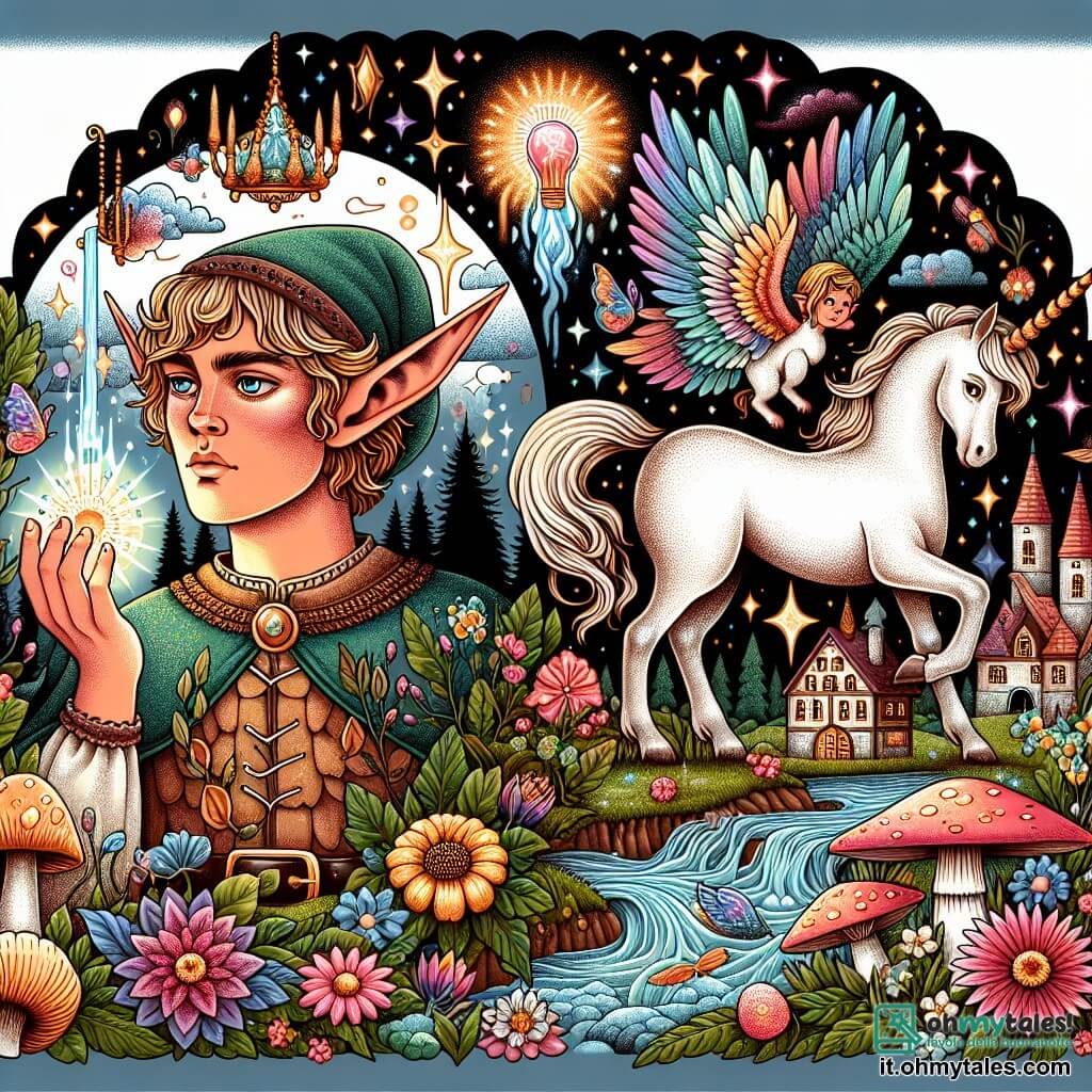 Une illustration destinée aux enfants représentant un lutin courageux aux oreilles pointues, une licorne blessée, un village enchanteur entouré de fiori colorés, de champignons lumineux et de ruisseaux étincelants.