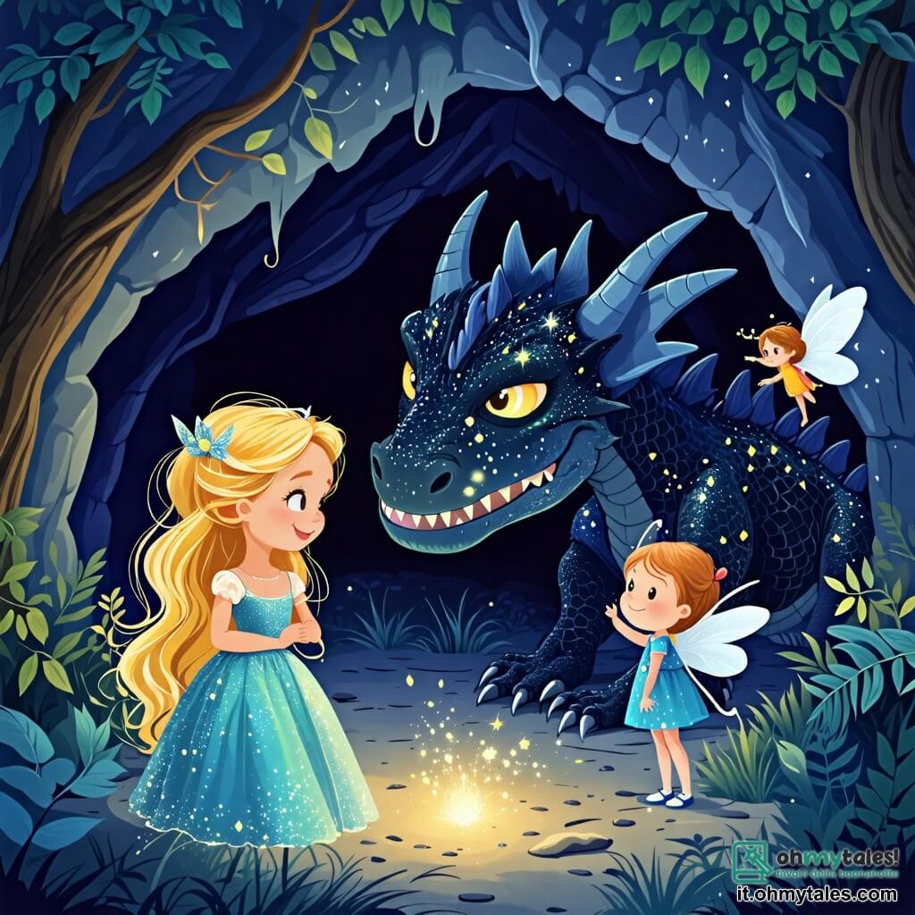Une illustration sous forme de dessin destinée aux enfants représentant une grotte lumineuse au cœur d'une forêt enchantée, où une princesse courageuse aux cheveux dorés et à la robe scintillante, souriante et déterminée, se tient devant un dragon au regard triste, aux écailles noires brillantes, qui semble hésiter à les laisser passer, tandis qu'une petite fée aux ailes étincelantes vole autour d'eux, créant une atmosphère magique d'amitié et de découverte, symbolisant le pouvoir de l'amour et de la compréhension.