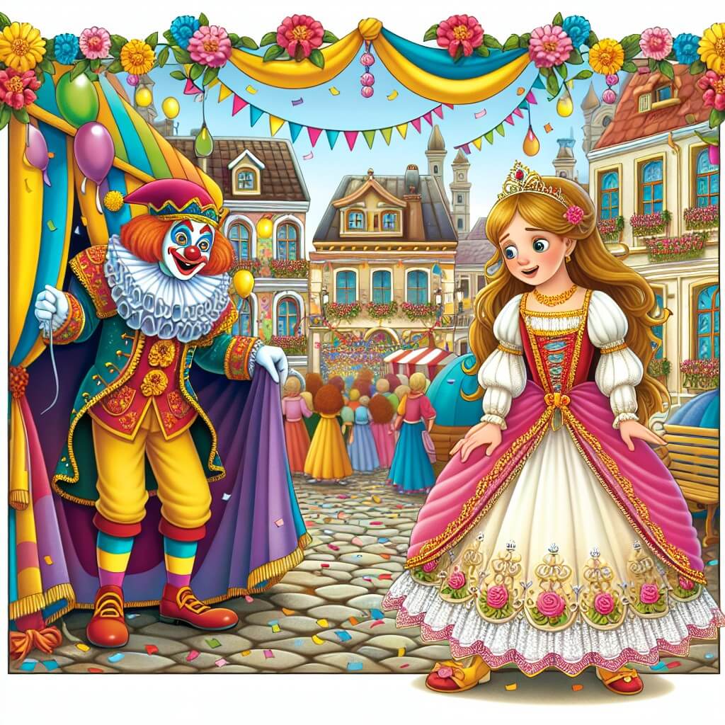 Une illustration destinée aux enfants représentant une jeune fille, vêtue d'un magnifique costume de princesse, qui découvre un mystérieux clown lors du carnaval, dans une ville animée par des rues colorées et des maisons aux façades ornées de guirlandes et de confettis.