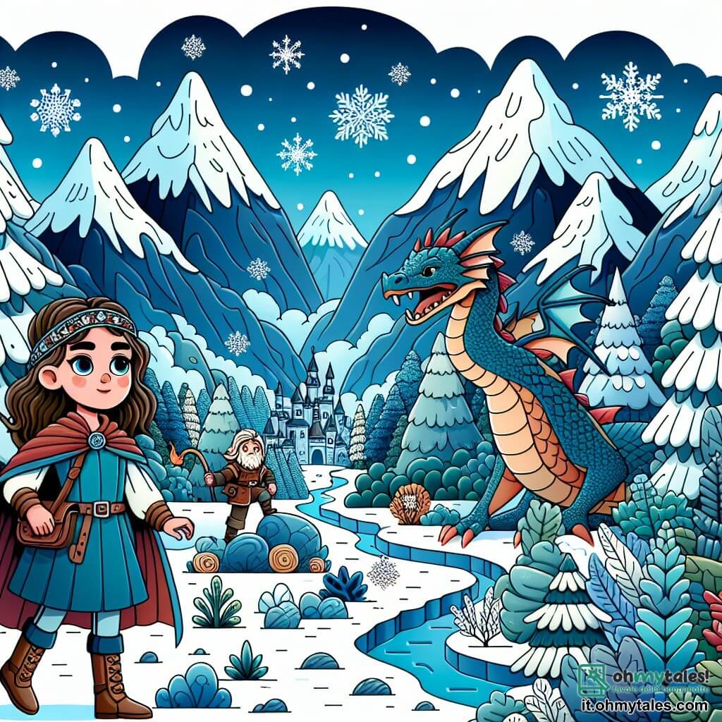 Une illustration destinée aux enfants représentant une jeune femme courageuse explorant une vallée enchantée aux montagnes enneigées, accompagnée d'un dragon parlant, dans un royaume entouré de forets mystérieuses.