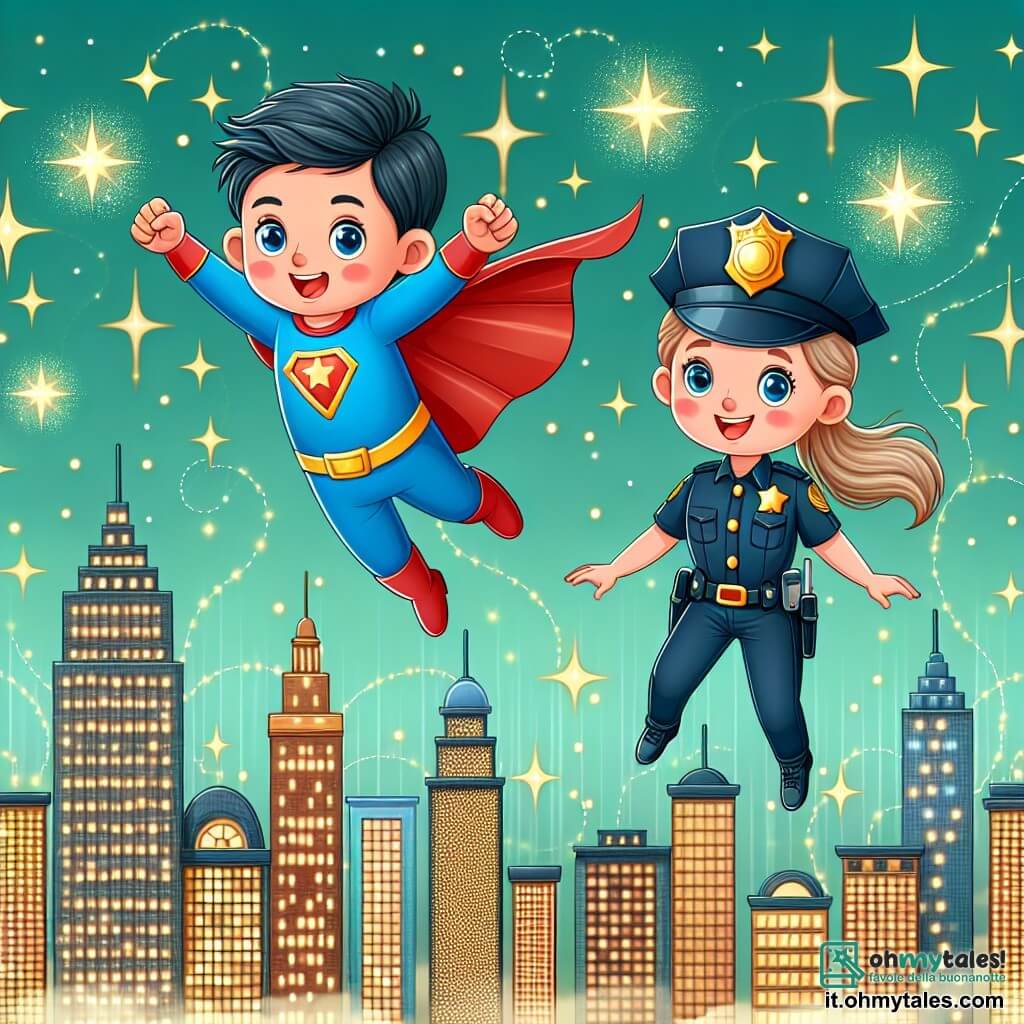 Une illustration destinée aux enfants représentant un super-héros (garçon) aux pouvoirs magiques, volant au-dessus d'une ville étincelante, accompagné d'une policière (fille) courageuse, dans la Cité Magique aux gratte-ciels scintillants.