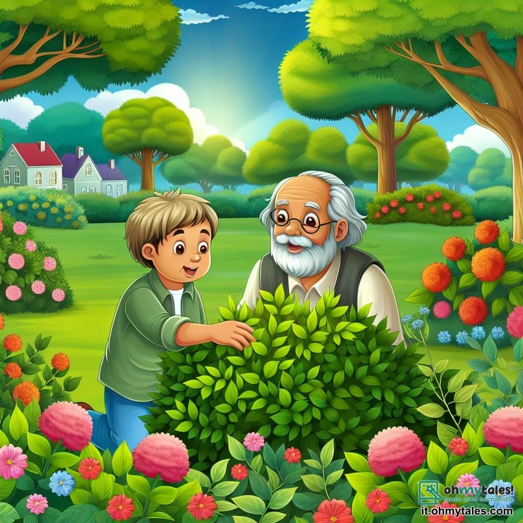 Une illustration destinée aux enfants représentant un petit garçon curieux découvrant un cespuglio mystérieux, aidé par un homme âgé bienveillant, dans un parc verdoyant parsemé de fleurs colorées et d'arbres majestueux.