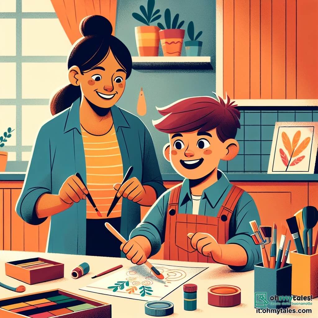Une illustration destinée aux enfants représentant un garçon plein d'enthousiasme préparant une surprise pour son papa, avec l'aide complice de sa maman, dans une cuisine colorée et chaleureuse remplie de fournitures artistiques.