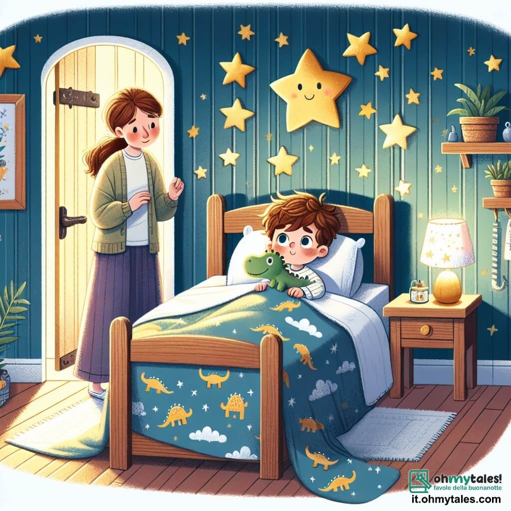 Illustrazione che rappresenta una camera accogliente di un bambino, con pareti dipinte di azzurro chiaro e stelle dorate attaccate al soffitto. Un letto in legno con una coperta decorata con dinosauri è posizionato al centro della stanza, e una piccola lampada a forma di stella brilla dolcemente sulla comodino, proiettando una luce calda. Il protagonista è un bambino di quattro anni, con capelli castani disordinati e grandi occhi curiosi. È sdraiato sotto la coperta, con un'espressione serena, tenendo un peluche a forma di dinosauro. Accanto a lui, una piccola lampada a forma di stella illumina la stanza, creando un'atmosfera magica e confortante. La scena principale mostra il bambino che si prepara a addormentarsi, con un leggero sorriso, mentre ascolta attentamente una storia raccontata dalla mamma, che si trova accanto a lui. La mamma, una donna di circa trent'anni, ha capelli lunghi e castani e indossa un maglione comodo. Sorride teneramente, creando un'atmosfera di sicurezza e amore. Sullo sfondo, giocattoli colorati sono sparsi sul pavimento e una finestra mostra un cielo stellato, rafforzando l'idea che il mondo esterno sia pacifico e accogliente. Ombre morbide nella stanza aggiungono un tocco di mistero, evocando la bellezza del nero, trasformato qui in un cocoon rassicurante.