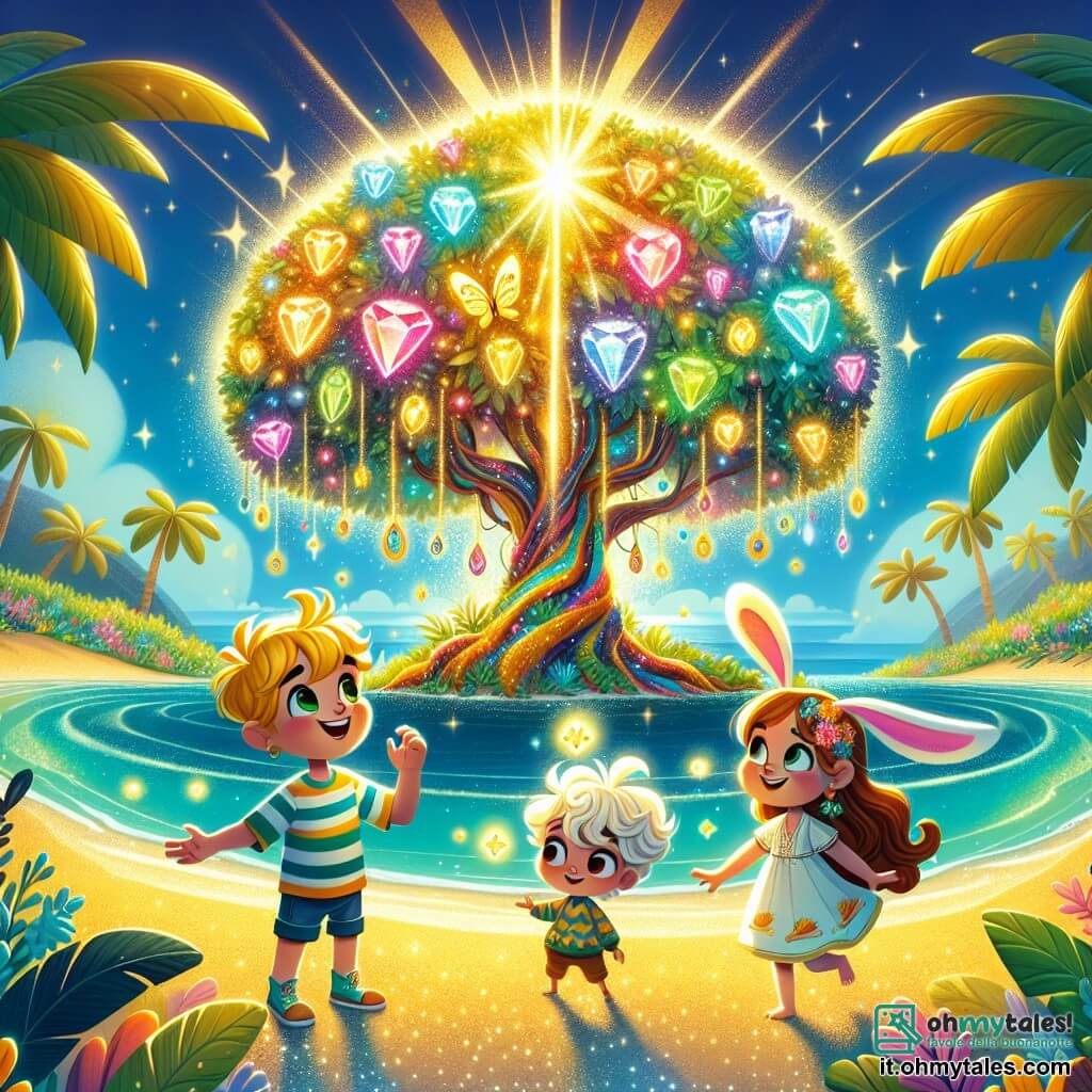 Illustrazione che rappresenta un'isola magica bagnata da una luce dorata, con palme dalle foglie lussureggianti e una spiaggia di sabbia fine che scintilla sotto il sole. Al centro, un grande albero scintillante dai colori vivaci, con rami carichi di gemme brillanti. Tre personaggi si trovano davanti all'albero: un ragazzo coraggioso di circa 7 anni, con una chioma di capelli dorati e un sorriso splendente, vestito con una maglietta a righe e pantaloni corti. Accanto a lui, una bambina di 6 anni, una farfalla dalle ali colorate, che fluttua leggermente nell'aria, indossando un vestito leggero e con capelli ricci. Infine, un piccolo ragazzo di 5 anni, un coniglio curioso, con grandi orecchie e occhi scintillanti, che indossa un maglione con motivi di carote, saltellando gioiosamente. La scena mostra i tre amici, meravigliati, mentre scoprono il tesoro magico nascosto nell'albero, con lampi di luce che danzano attorno a loro. Sullo sfondo, un cielo blu splendente punteggiato di nuvole bianche e soffici, e uccelli colorati che volano gioiosamente. Fiori multicolori bordano il sentiero che conduce all'albero, aggiungendo un tocco di magia all'illustrazione.