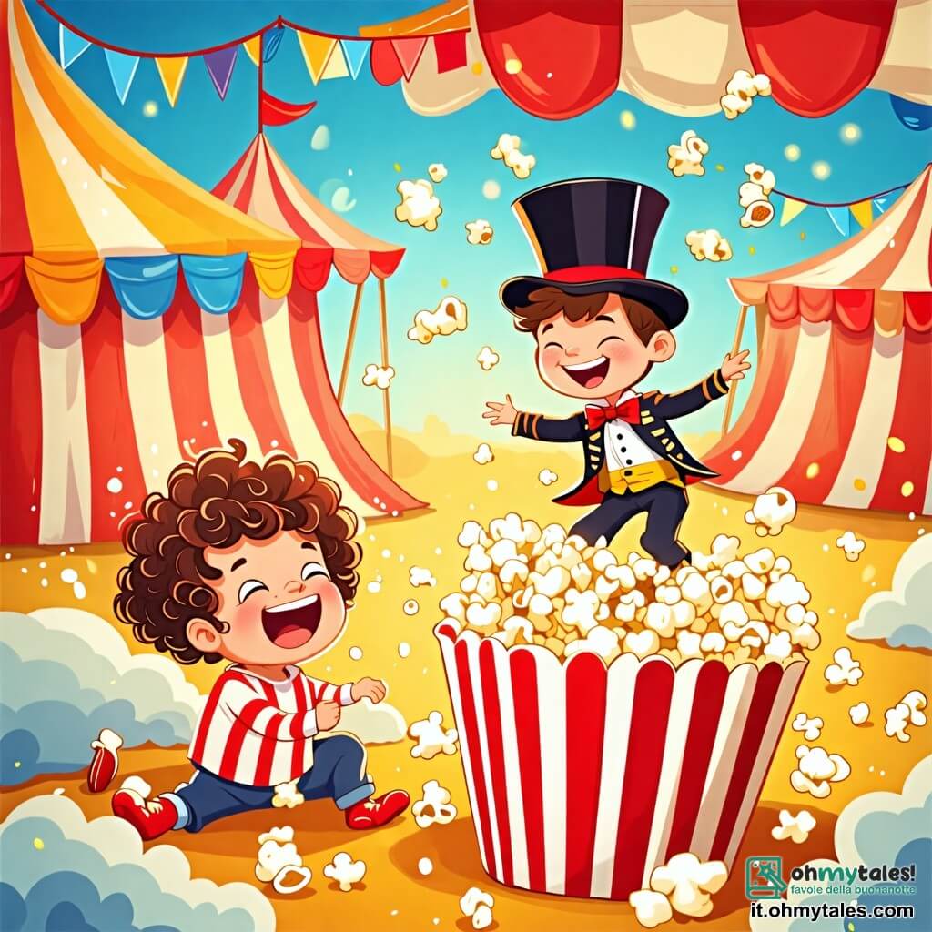 Une illustration sous forme de dessin destinée aux enfants représentant un cirque coloré avec des tentes rayées et des lumières scintillantes, au centre un garçon de 2 ans aux cheveux bouclés et aux yeux pétillants, riant aux éclats, tandis qu'un petit acrobate, un garçon élancé portant un chapeau à cylindrique et un costume brillant, sort d'un grand sac de popcorn, entouré de nuages de popcorn flottants dans l'air, capturant l'instant joyeux où ils s'amusent ensemble dans une ambiance festive et magique.