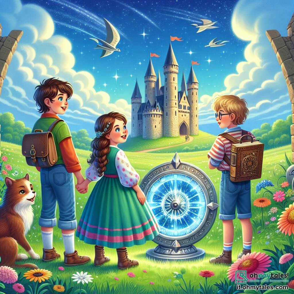 Illustrazione che rappresenta un vasto campo verde sotto un cielo blu brillante, punteggiato da nuvole bianche e soffici. In lontananza, un maestoso castello medievale si erge, con le sue torri di pietra e le bandiere che sventolano al vento. In primo piano, tre bambini si tengono per mano: una ragazza di dodici anni con lunghi capelli castani, che indossa un vestito colorato e ha un sorriso di eccitazione sul viso, un ragazzo di dodici anni con occhiali e capelli castani, vestito con una maglietta e pantaloni corti, che tiene un libro antico, e un'altra ragazza di dodici anni con capelli biondi intrecciati, vestita con una camicetta e pantaloni, che osserva attentamente un astrolabio di metallo. Si trovano davanti a un portale scintillante, simbolo del loro viaggio nel tempo, circondati da fiori colorati e animali curiosi che li osservano. L'atmosfera è piena di meraviglia e avventura, catturando l'istante in cui si preparano a entrare in un mondo antico.
